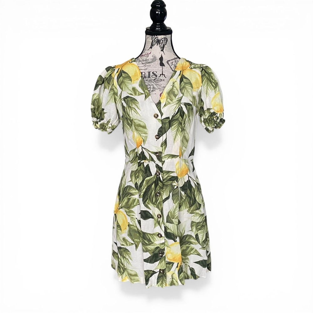 H&M Button Down Mini Dress Womens XS White Yellow Lemon Print Linen Blend Summer